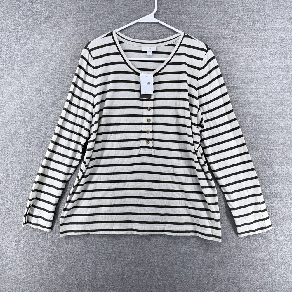 J Jill Henley Top Women Size Medium Black White Striped V Neck Casual NEW